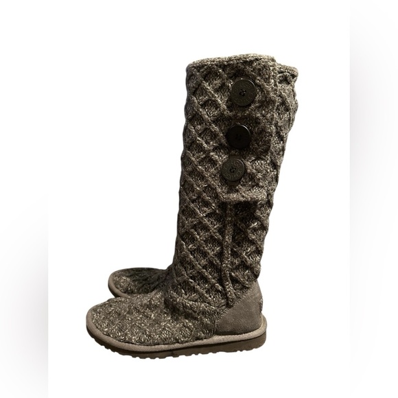 UGG Lattice Cardy Shearling Footbed Gray Knit Sweater Tall Boot Women 8 US 3066 - Picture 3 of 9